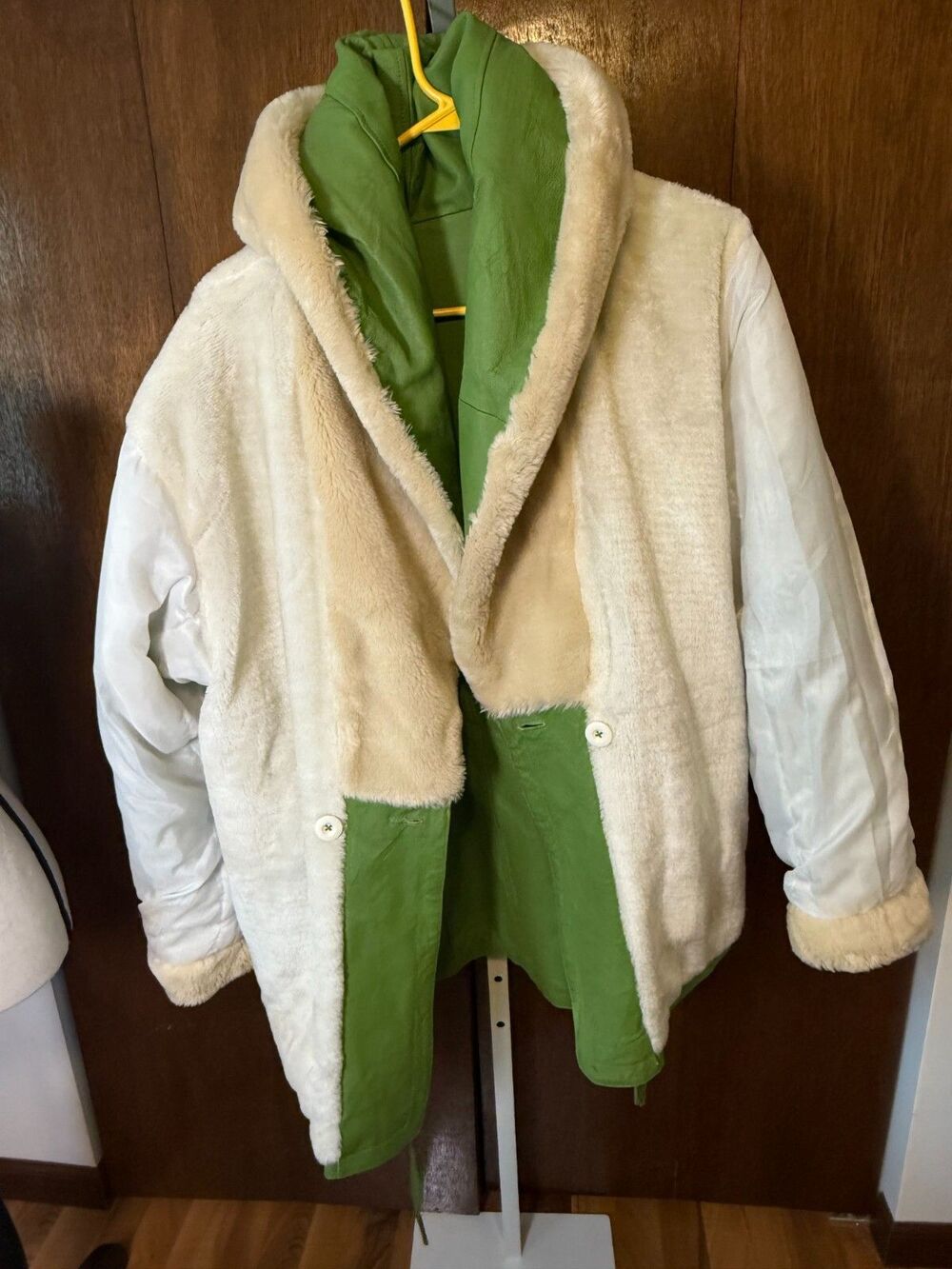 RARE Vtg Leather/Faux Fur Lined USA GREEN Coat w/Hood Penny Lane Protocol Medium - Picture 16 of 16